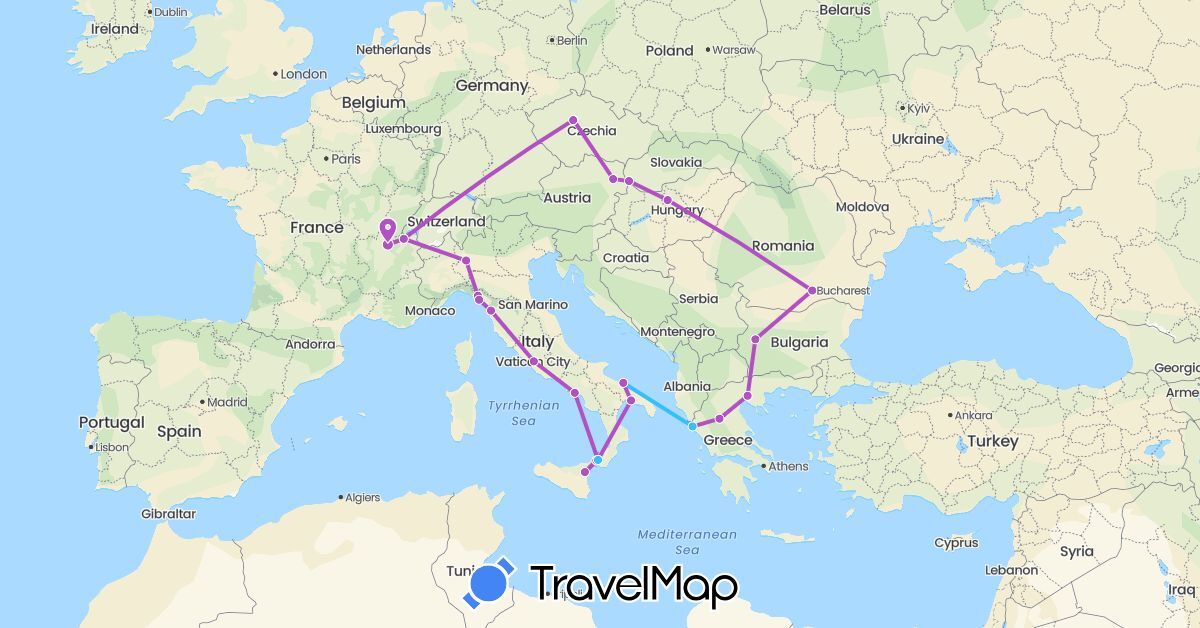 TravelMap itinerary: driving, train, boat in Austria, Bulgaria, Switzerland, Czech Republic, France, Greece, Hungary, Italy, Romania, Slovakia (Europe)