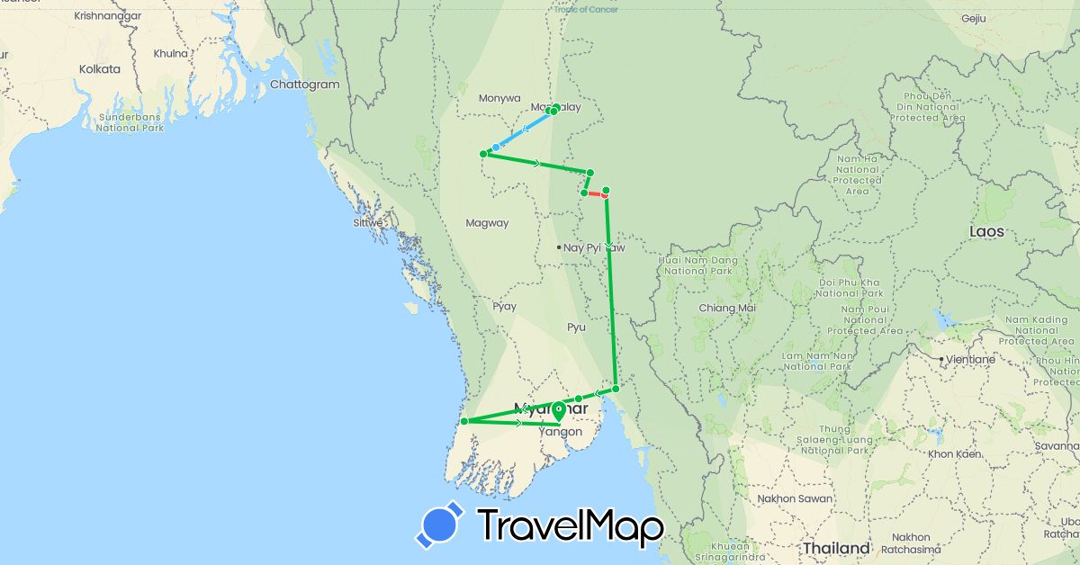 TravelMap itinerary: driving, bus, hiking, boat in Myanmar (Burma) (Asia)